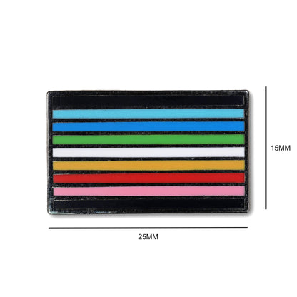 Multicolored striped patch with dimensions on a white background