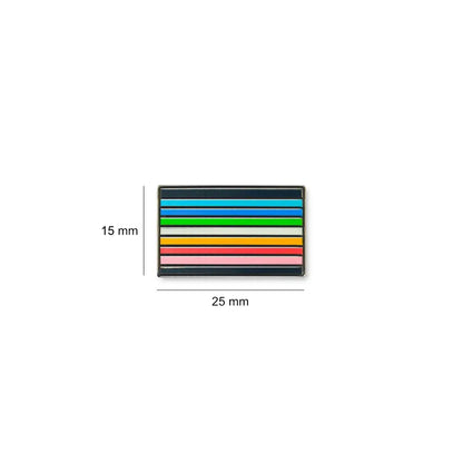Queer lapel pin featuring horizontal rainbow-toned stripes in blue, green, yellow, orange, red, and pink with black borders.