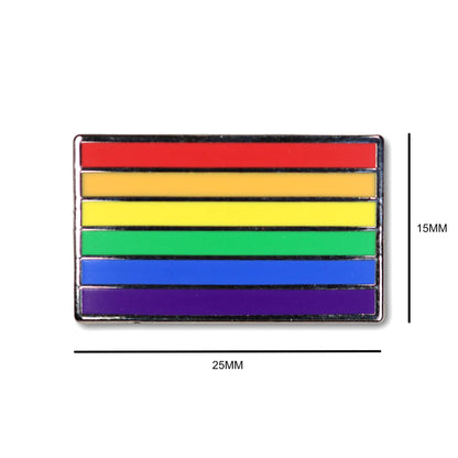 Pride flag lapel pin with measurements on a white background