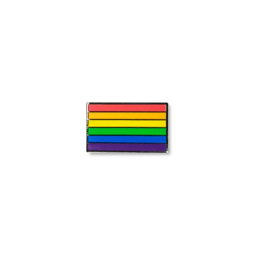 Rainbow pride lapel pin featuring six bold horizontal stripes in red, orange, yellow, green, blue, and purple.