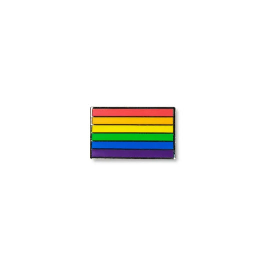 Rainbow pride lapel pin featuring six bold horizontal stripes in red, orange, yellow, green, blue, and purple.