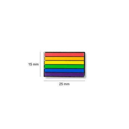 Rectangular Rainbow pride lapel pin with colourful horizontal stripes, displayed with dimensions of 25 mm wide by 15 mm high.