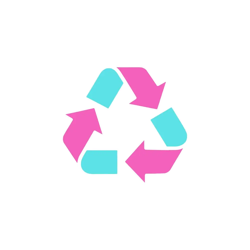 Recycling symbol with pink and blue arrows on a white background