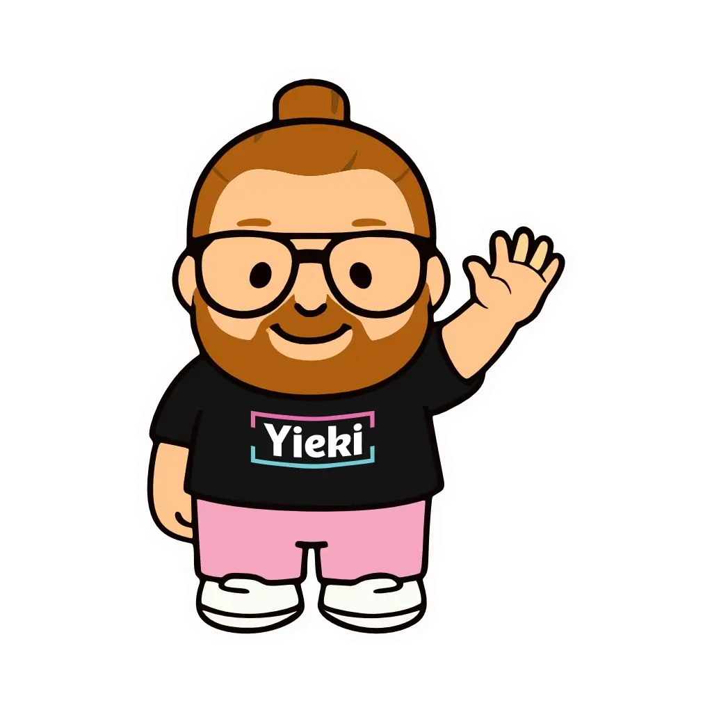 Cartoon character with glasses and a bun wearing a black t-shirt with 'Yieki' logo, waving on a white background.