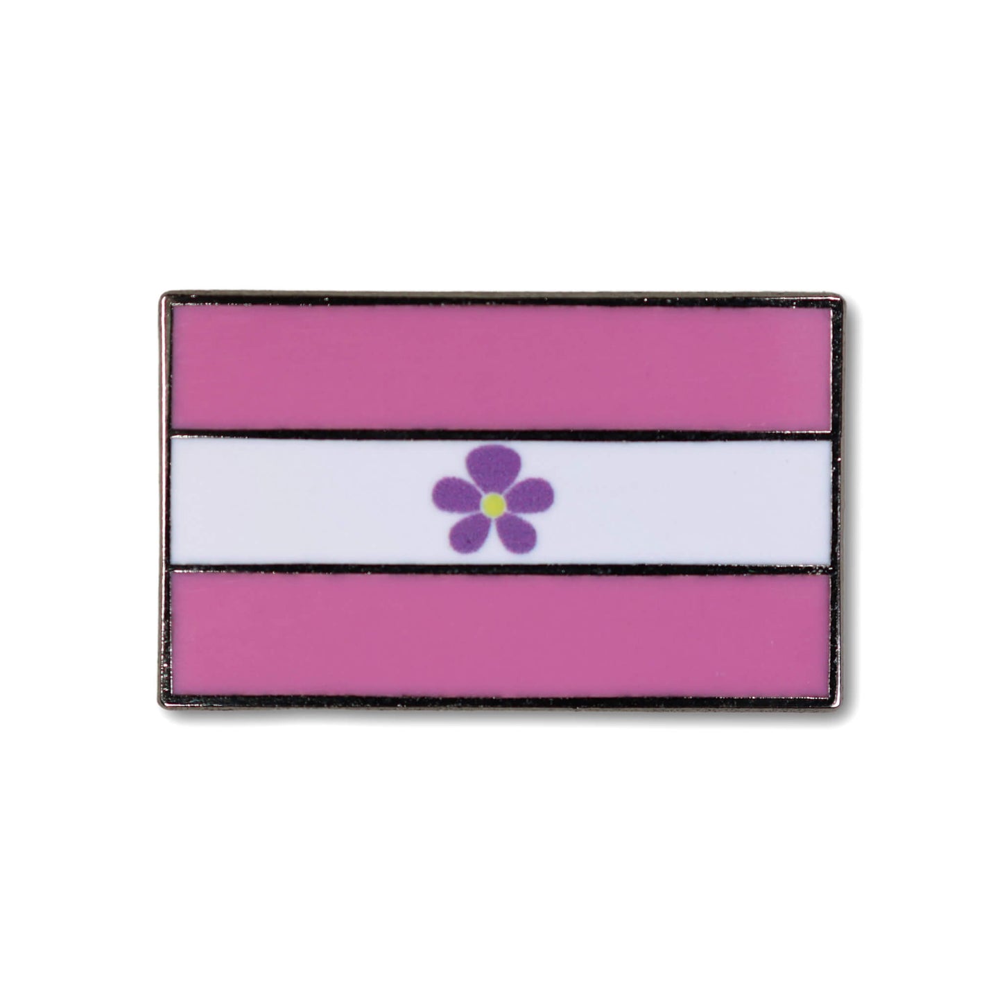 Flag with pink and white stripes and a purple flower in the center on a white background