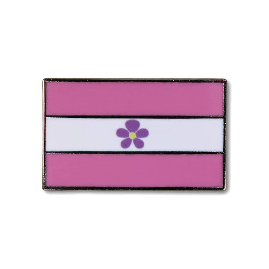 Flag with pink and white stripes and a purple flower in the center on a white background