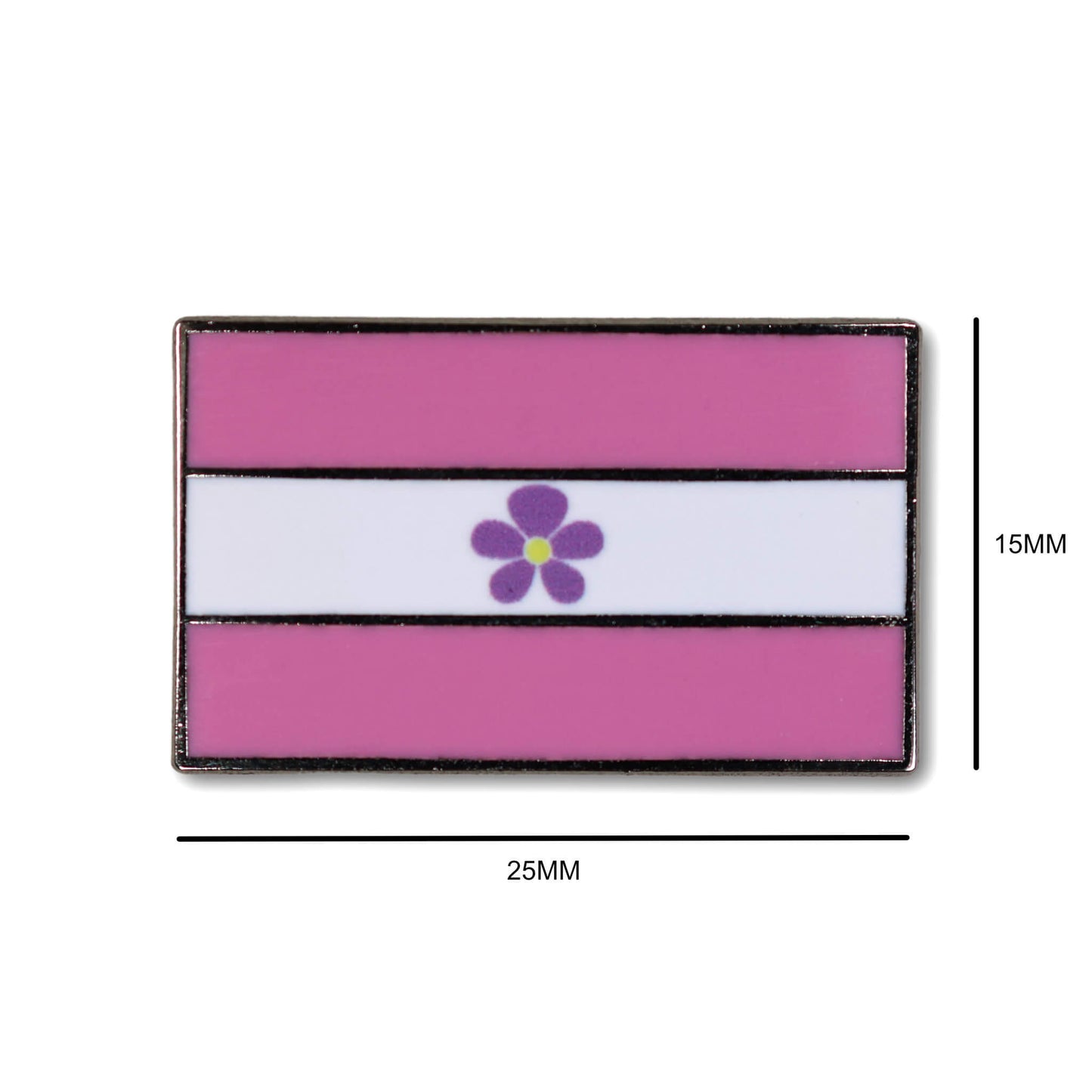 Flag-shaped badge with a flower design on a white background