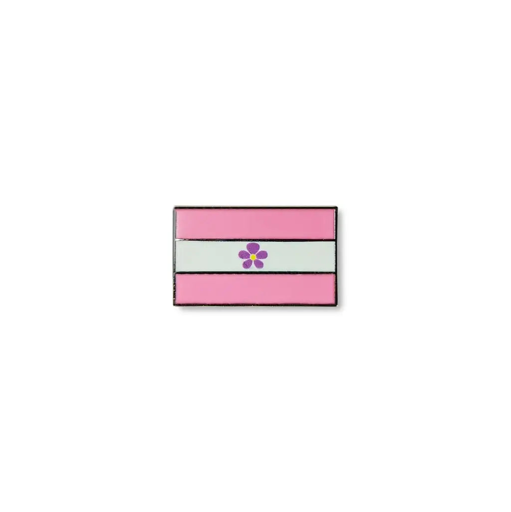 Sapphic lapel pin featuring pink and white horizontal stripes with a central purple flower.