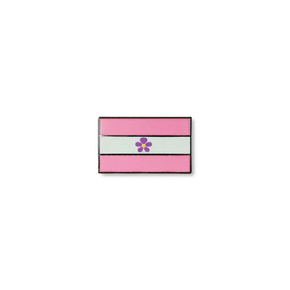 Sapphic lapel pin featuring pink and white horizontal stripes with a central purple flower.