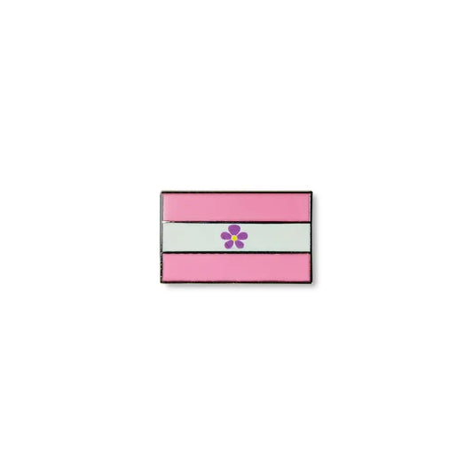 Sapphic lapel pin featuring pink and white horizontal stripes with a central purple flower.