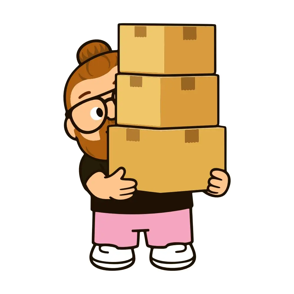 Cartoon character with glasses holding a stack of cardboard boxes on a white background