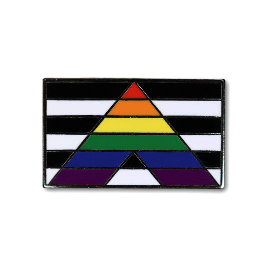 LGBTQ+ pride flag with a triangular color pattern on a white background