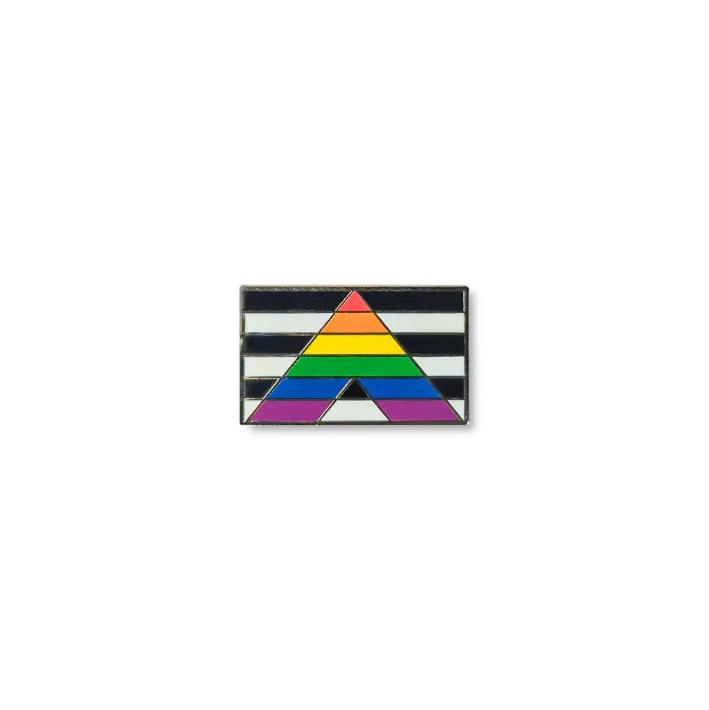 Rectangular straight ally flag lapel pin with black and white stripes and a central rainbow-coloured ‘A’ triangle, symbolising LGBTQIA+ allyship and inclusion.