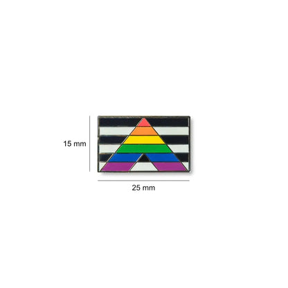 Small straight ally flag lapel pin measuring 25 millimetres wide by 15 millimetres tall, featuring bold black and white stripes with a rainbow triangle ‘A’ design representing support for the LGBTQIA+ community.