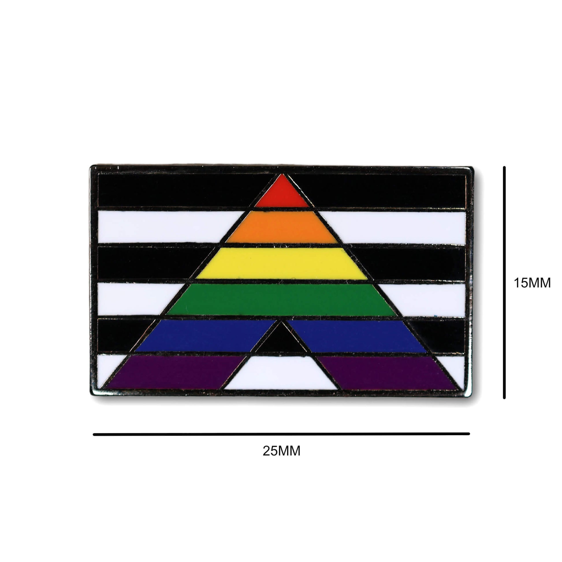 Colorful triangle on a black and white striped background with measurements indicated.