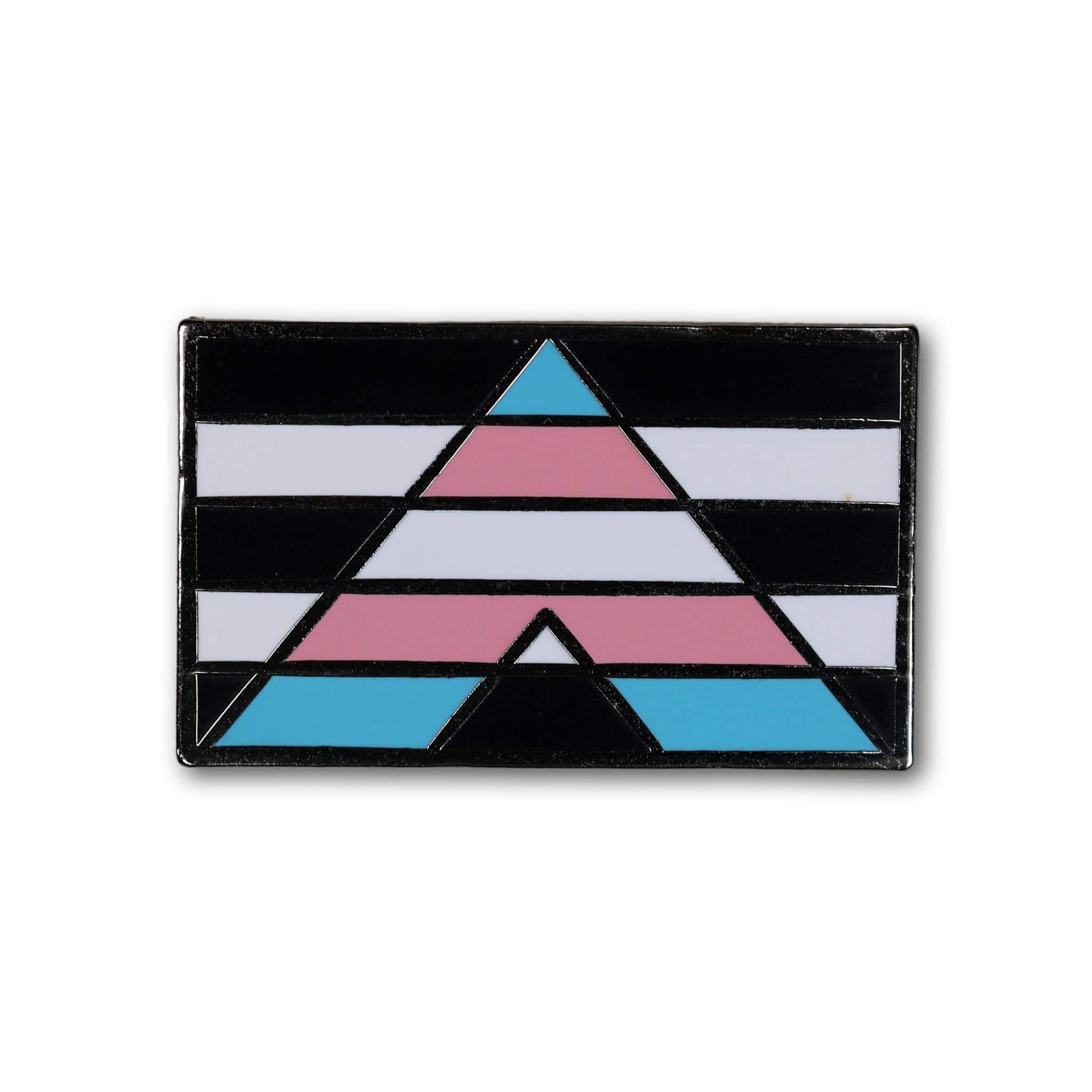 Geometric design with triangles in black, pink, blue, and white on a white background