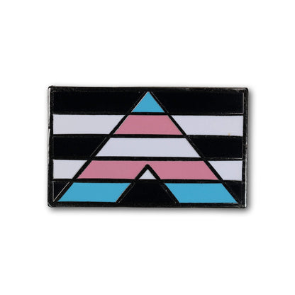 Geometric design with triangles in black, pink, blue, and white on a white background