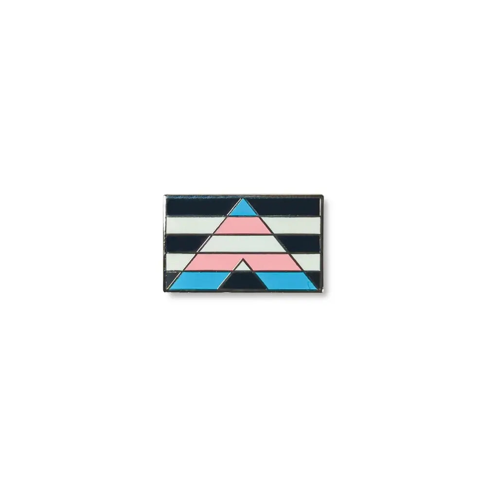 Rectangular transgender ally lapel pin featuring bold black and white stripes with a central chevron in pink, blue, and white colors of the transgender pride flag, symbolizing allyship and LGBTQ+ support.