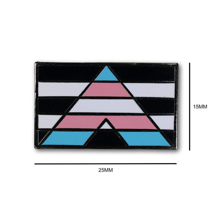Geometric triangle design with black, pink, blue, and white on a white background