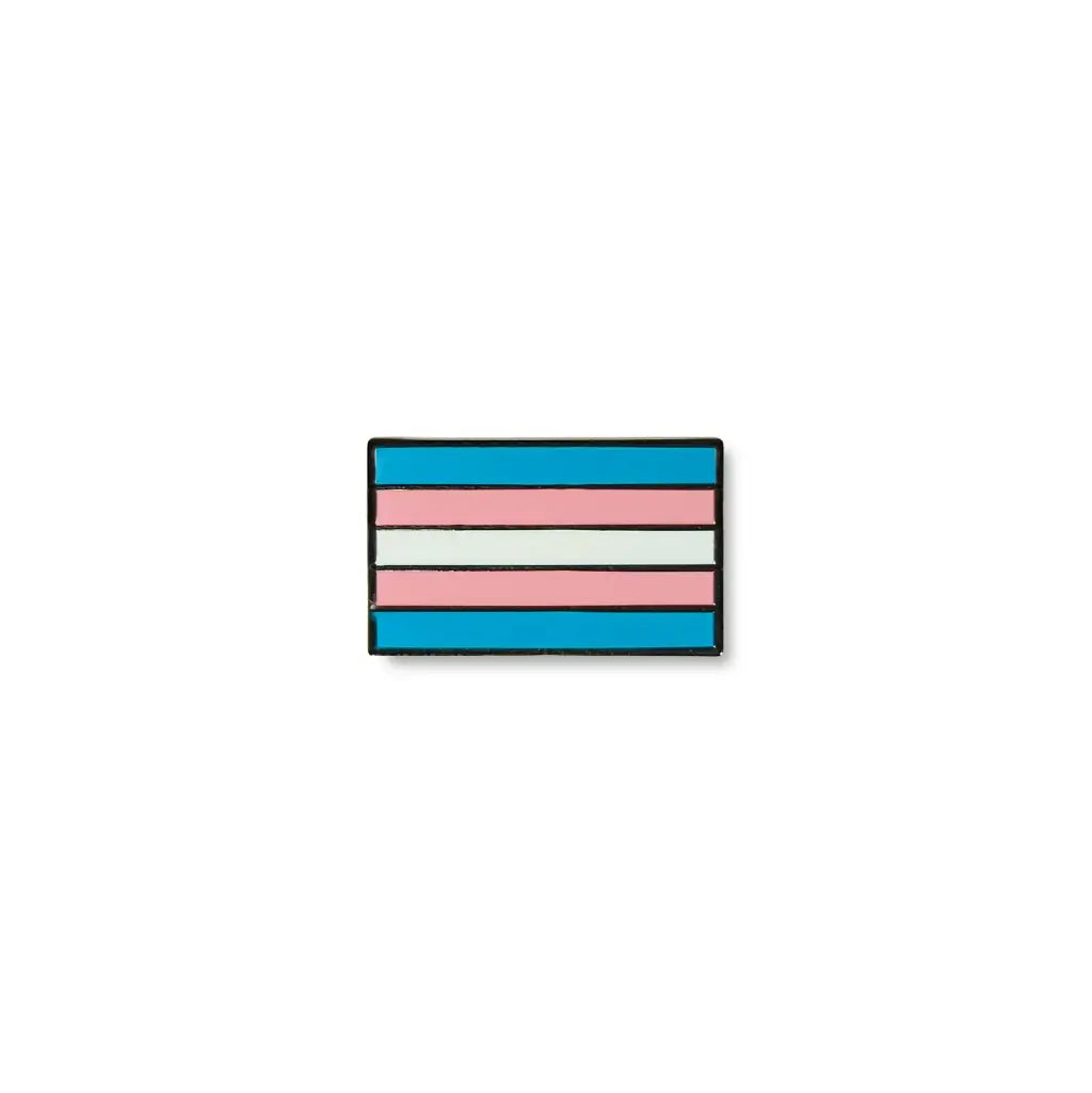 Rectangular transgender lapel pin featuring the transgender pride flag with horizontal blue, pink, and white enamel stripes, symbolizing gender identity and LGBTQ+ pride.