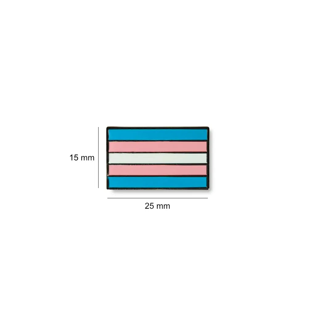 Small transgender lapel pin measuring 25 millimeters wide by 15 millimeters tall, designed as a rectangular enamel flag with blue, pink, and white stripes representing transgender pride.
