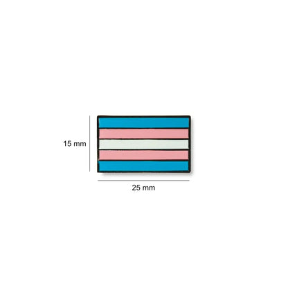 Small transgender lapel pin measuring 25 millimeters wide by 15 millimeters tall, designed as a rectangular enamel flag with blue, pink, and white stripes representing transgender pride.