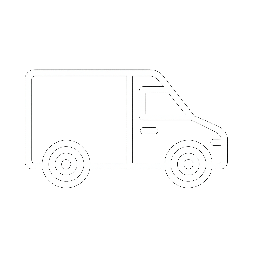 White outline of a delivery van on a black background