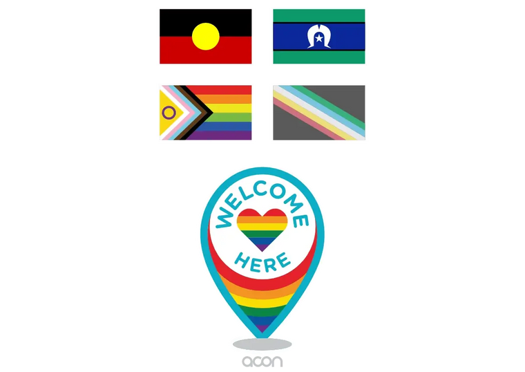 Collection of inclusive flags including the Aboriginal flag, Torres Strait Islander flag, Progress Pride flag, and Disability Pride flag, displayed above a rainbow ‘Welcome Here’ logo with a heart, symbolizing diversity, inclusion, and community pride.
